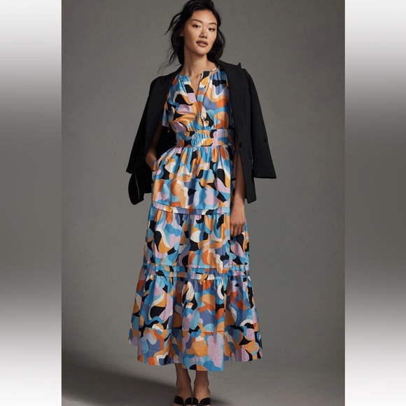 Anthropologie Somerset Tiered Maxi Dress Abstract Orange Print Women’s XLP - Picture 5 of 11